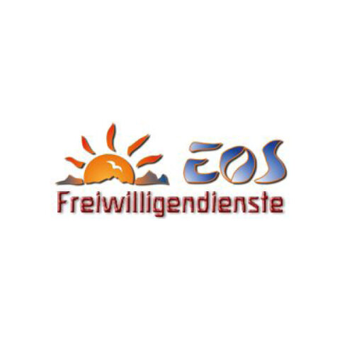 Logo EOS Freiwilligendienste: kombinierte Wordbildmarke mit blauer Schrift und Sonnensymbol