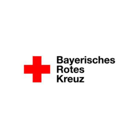 Logo des Bayerischen Roten Kreuzes: kombinierte Wortbildmarke mit schwarzer Schrift auf weißem Grund
