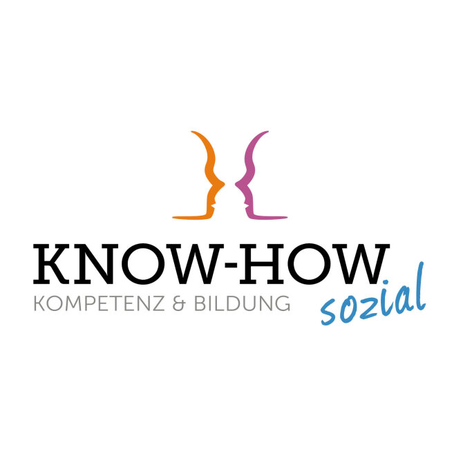 Logo Träger Know-How sozial e.V. besteht aus Schriftzug mit Namen und den zwei einander zugewandten farbigen Gesichterkonturen bzw.. linien